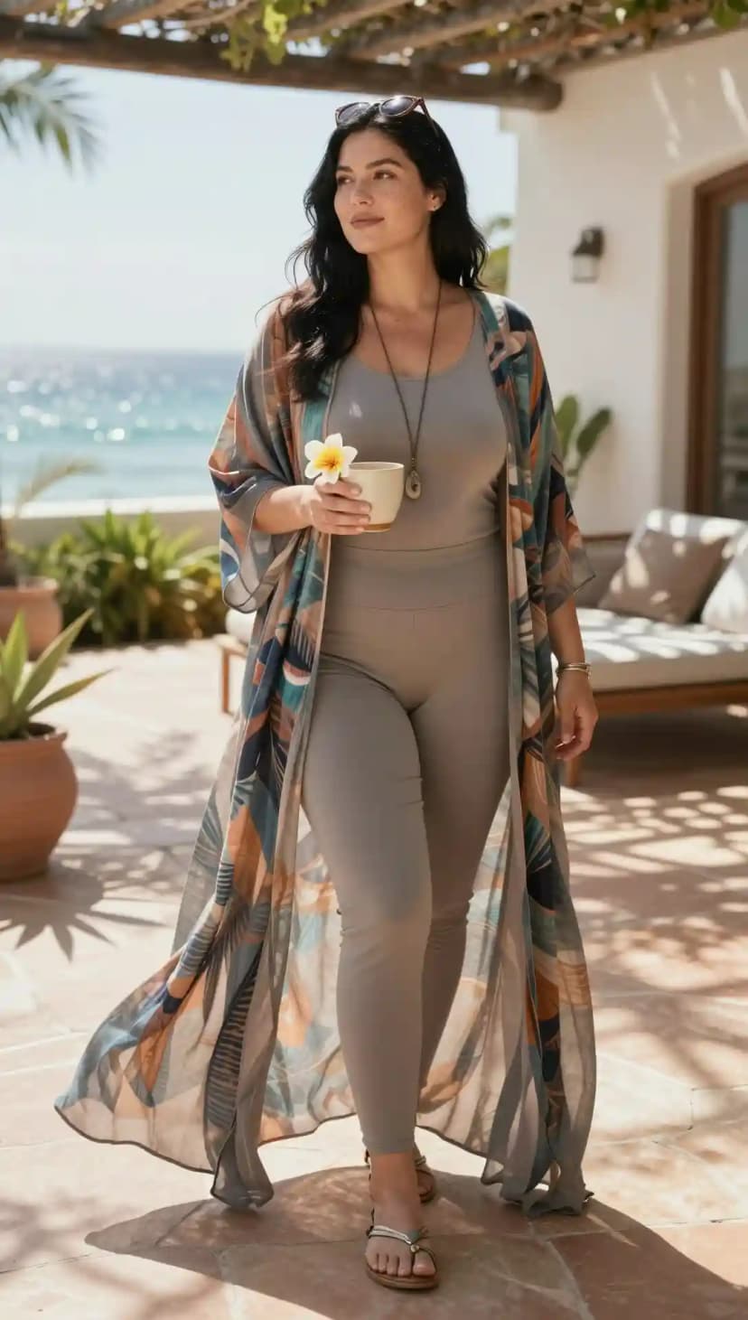 Grey Tank Top + Grey Leggings + Floral Kimono