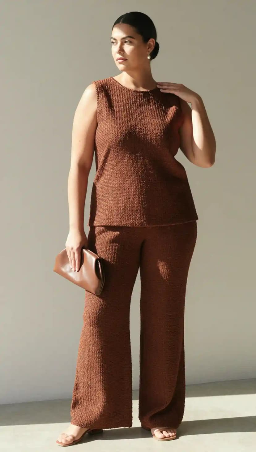 Brown Textured Knit Top + Brown Wide-Leg Knit Pants