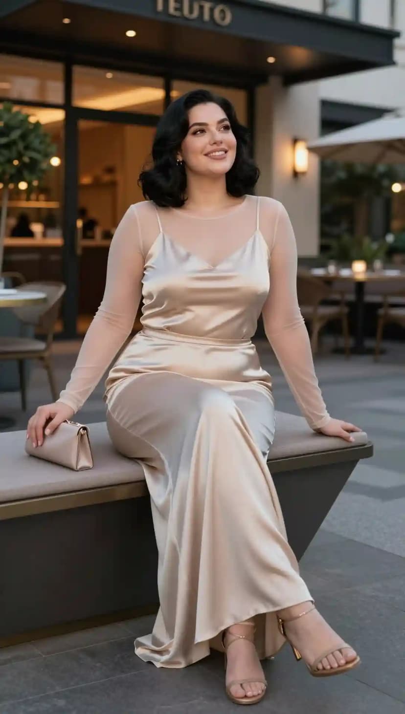 Champagne Satin Slip Dress + Sheer Mesh Long Sleeve Top