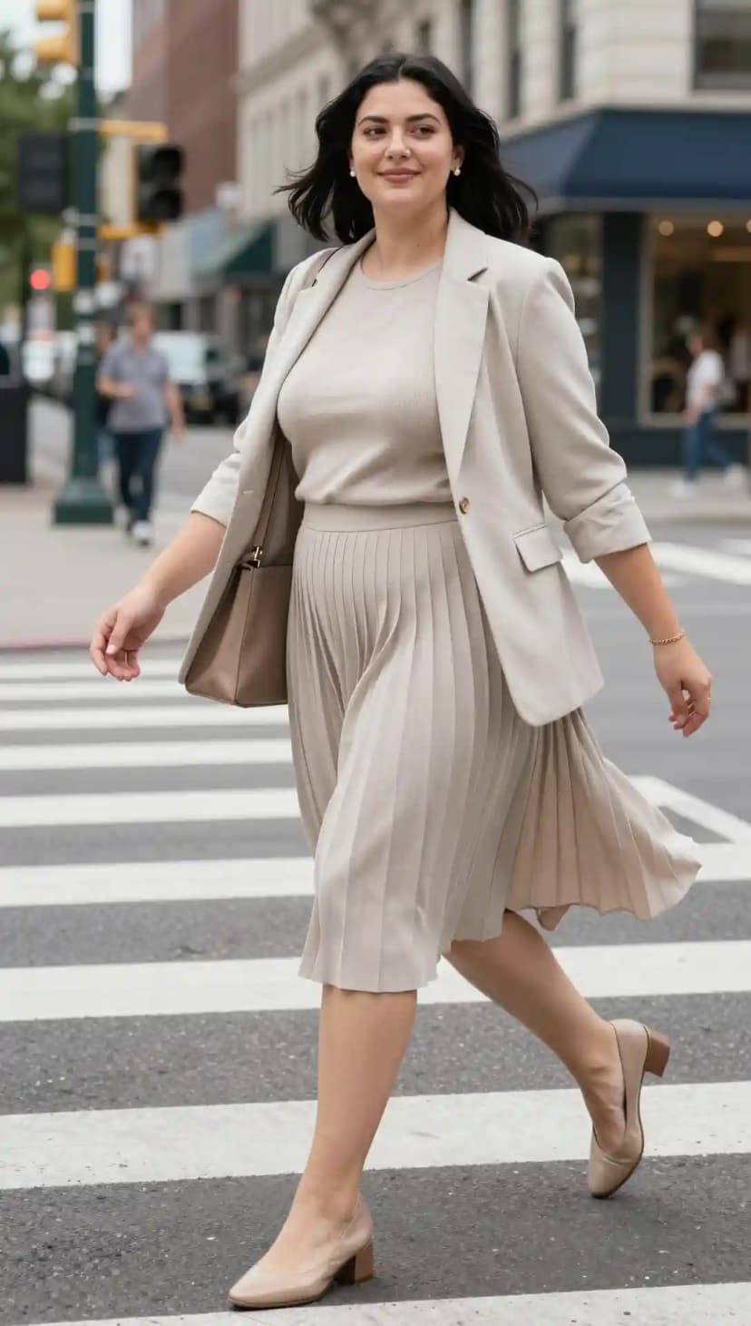 Beige Blazer + Beige Knit Top + Pleated Midi Skirt + Nude Block Heels