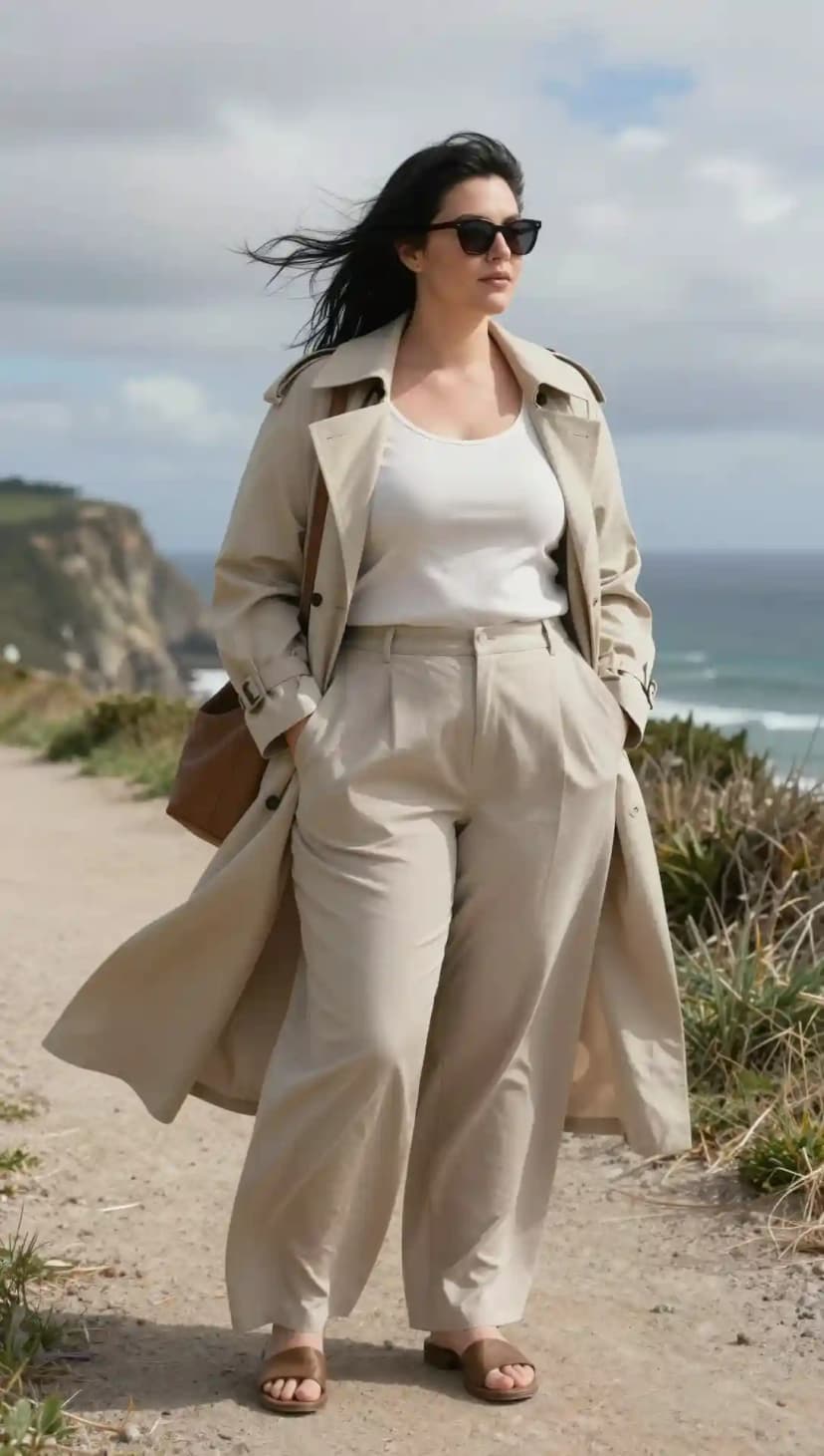 Cream Wide-Leg Trousers + White Tank Top + Beige Trench Coat