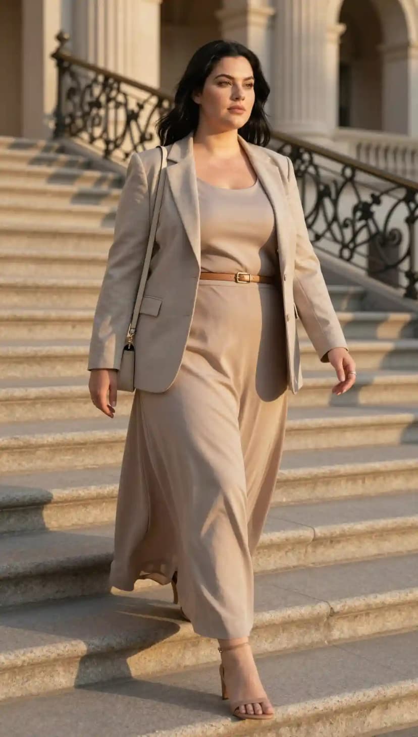 Beige Linen Blazer + Beige Slip Dress + Tan Belt