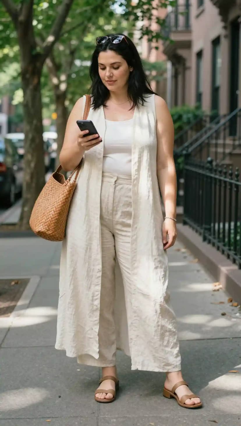 Cream Linen Maxi Vest + Cream Wide-Leg Trousers + White Tank Top