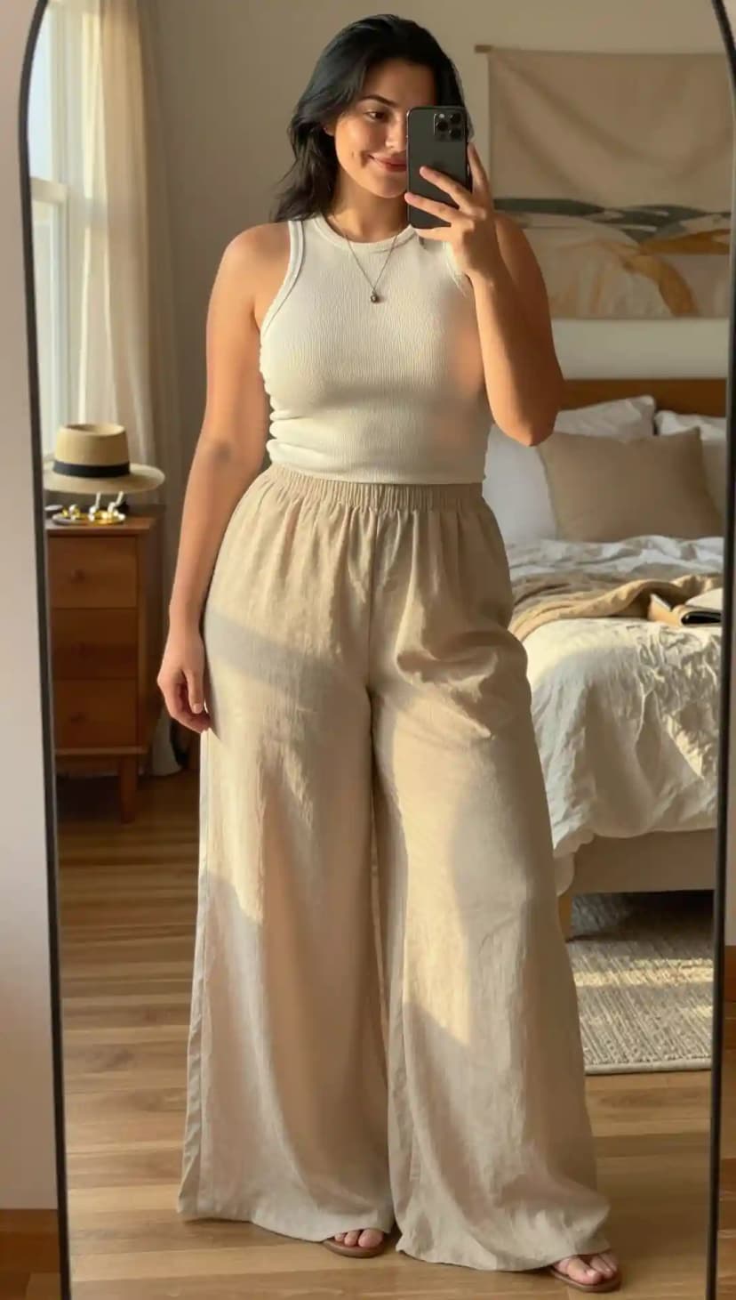White Ribbed Tank Top + Beige Wide-Leg Linen Pants