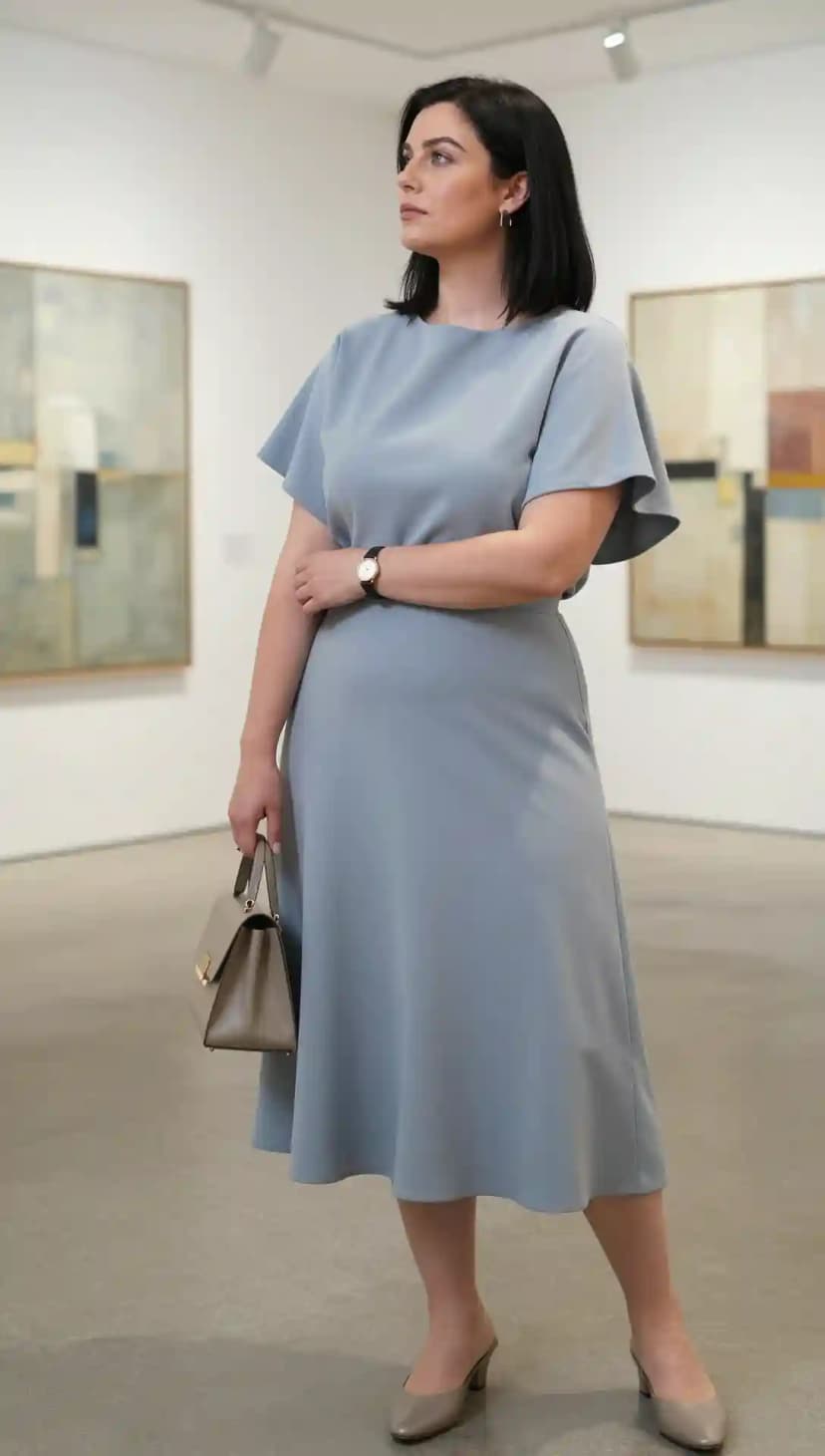Dusty Blue Flutter Sleeve Midi Dress + Taupe Block Heels + Grey Structured Tote
