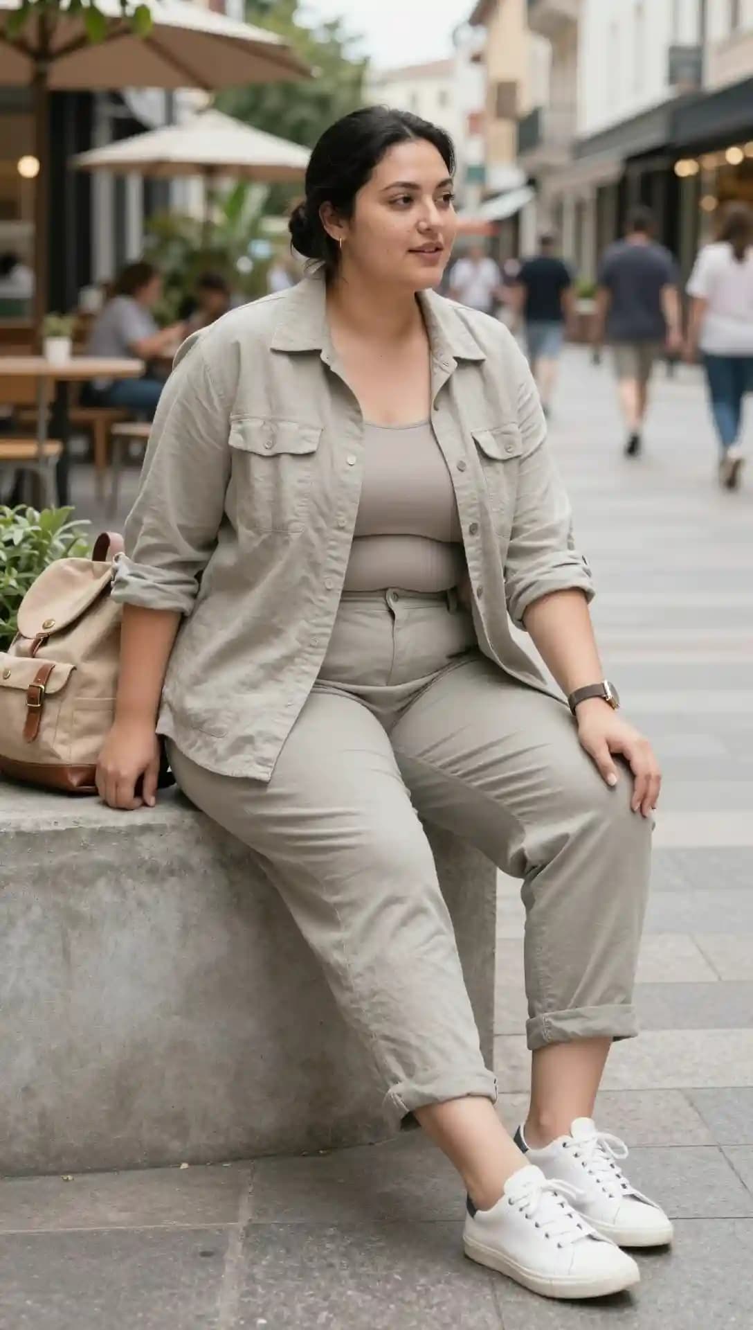 Oversized Utility Shirt + Crew Neck Tank Top + Wide-Leg Pants + Canvas Backpack