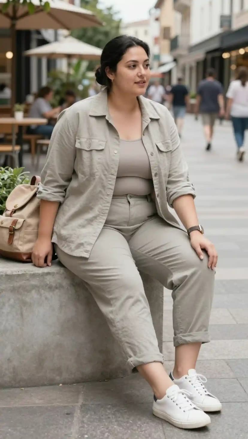 Oversized Utility Shirt + Crew Neck Tank Top + Wide Leg Pants + Canvas Backpack