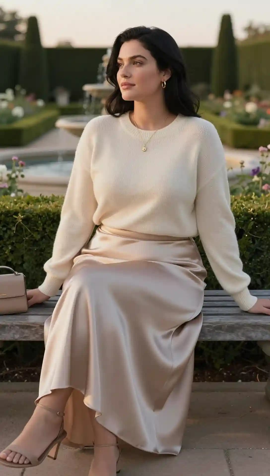 Cream Knit Sweater + Champagne Satin Midi Skirt + Nude Strappy Heels