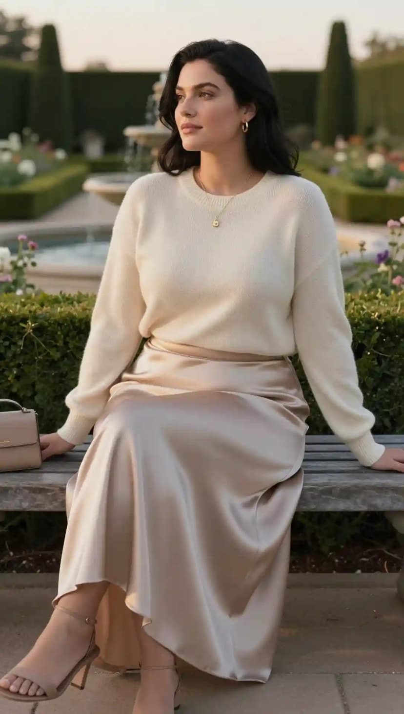 Cream Knit Sweater + Champagne Satin Skirt + Nude Strappy Heels