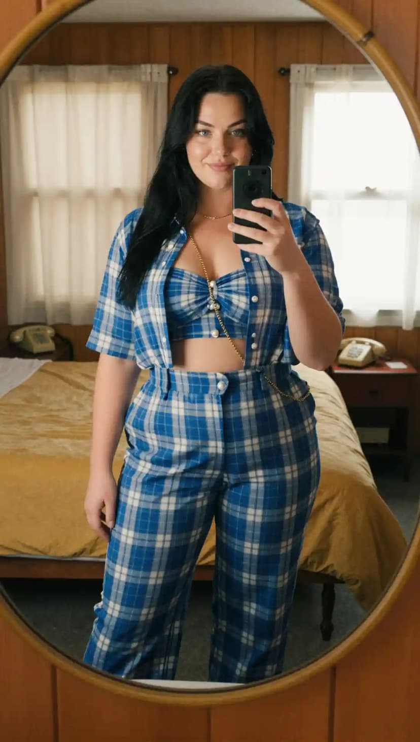 Blue Plaid Linen Blend Crop Top + Blue Plaid Linen Blend Wide Leg Pants + Blue Plaid Linen Blend Button-Up Shirt