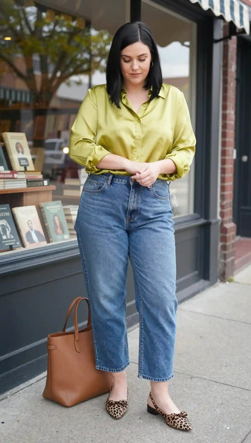 Lime Satin Button-Up Shirt + Blue Denim Straight-Leg Jeans + Leopard Print Slingback Flats