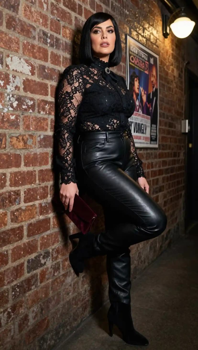 Black Lace Button-Up Top + Black Faux Leather Pants + Black Suede Boots