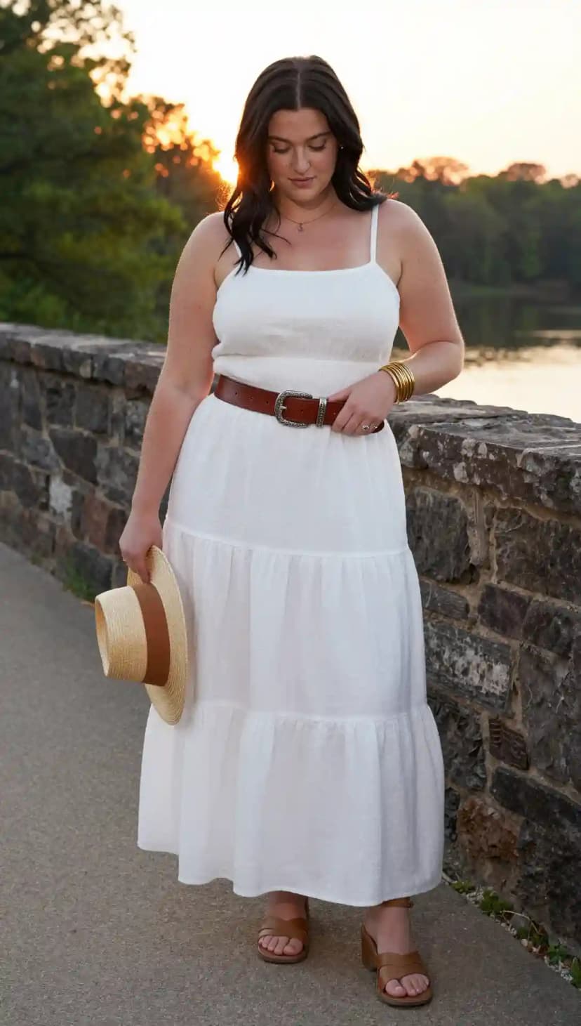 White Textured Cotton Maxi Dress + Brown Leather Belt