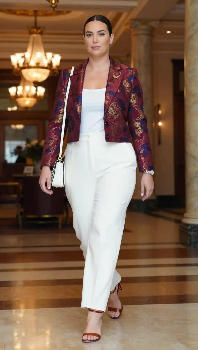 Maroon Brocade Cropped Blazer + White Crepe Wide-Leg Pants