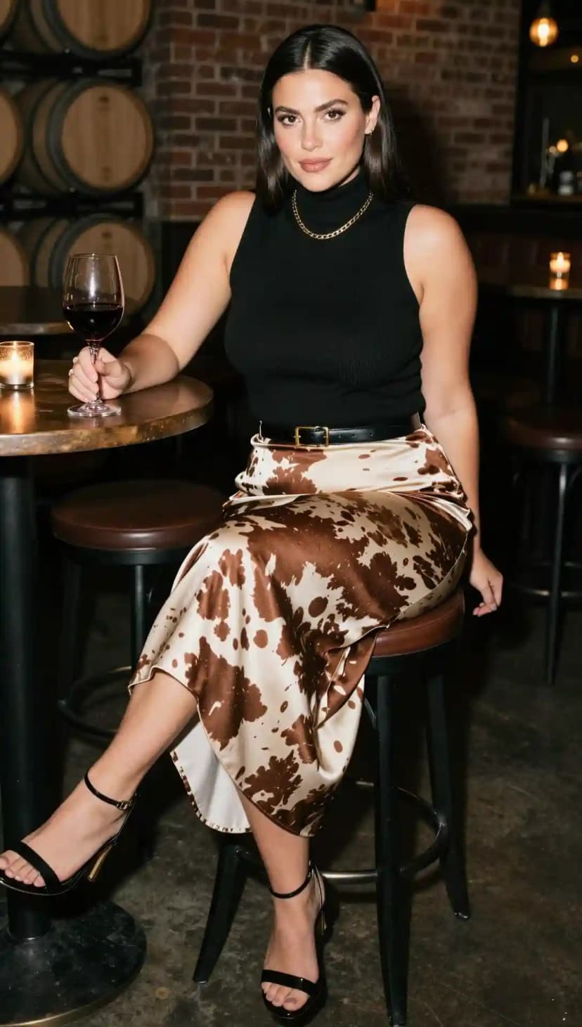 Black Ribbed Knit Sleeveless Top + Brown Cow Print Satin Midi Skirt + Black Leather Belt