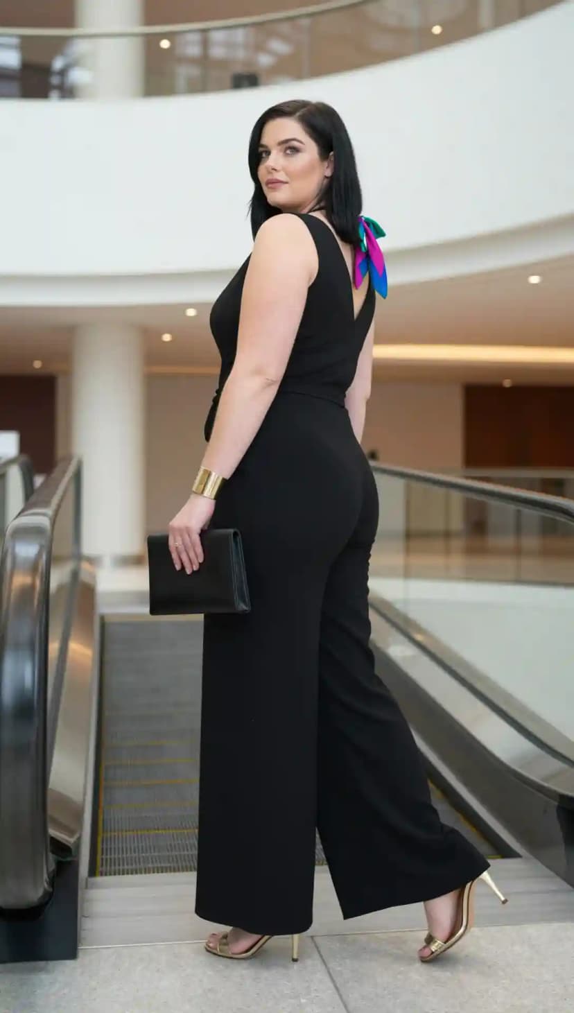 Black Crepe Jumpsuit + Gold Metallic Heeled Sandals