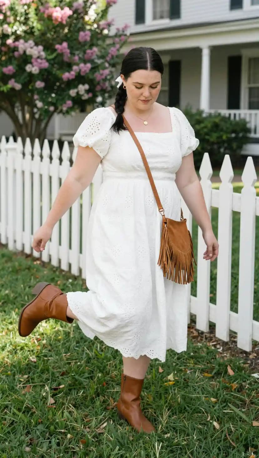 White Eyelet Cotton Midi Dress + Brown Leather Ankle Boots