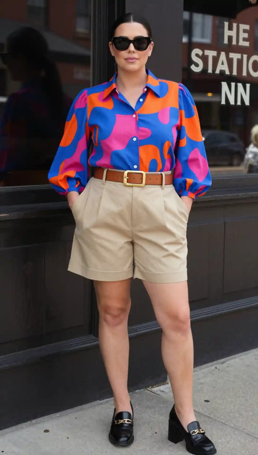 Blue Pink Orange Print Poplin Shirt + Khaki Cotton Shorts + Brown Leather Belt