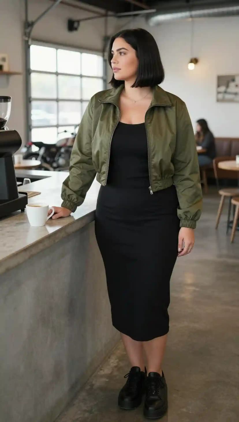 Olive Nylon Bomber Jacket + Black Ribbed Knit Midi Dress