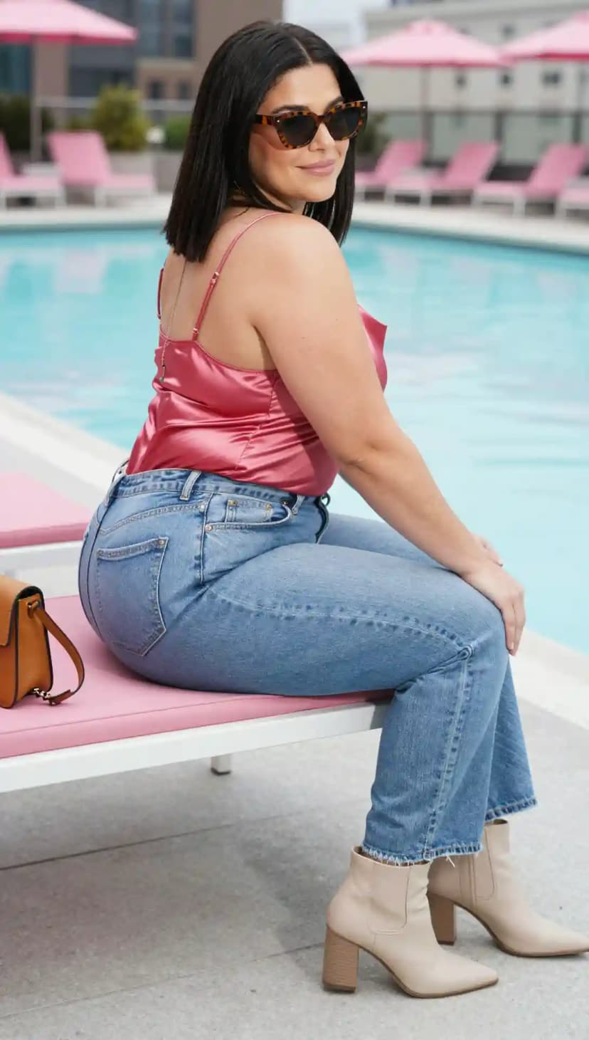 Rose Satin Camisole + Light Wash Denim Straight Leg Jeans + Taupe Leather Ankle Boots