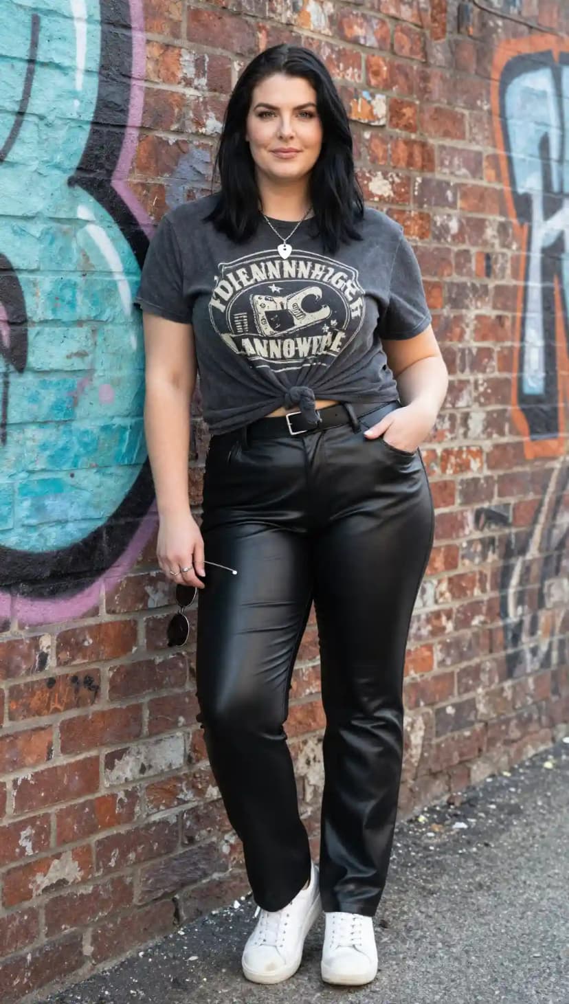 Charcoal Graphic Tee + Black Faux Leather Pants + White Sneakers