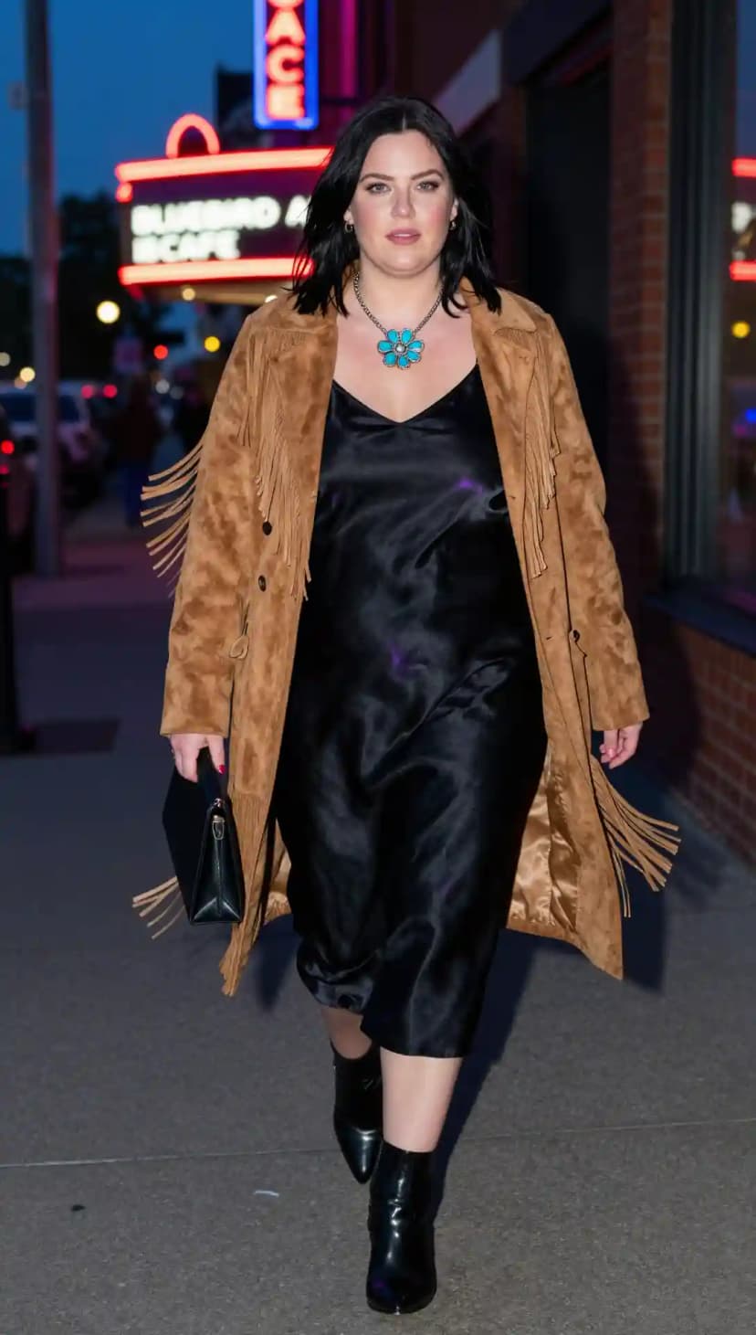 Brown Suede Fringed Jacket + Black Satin Slip Dress + Black Leather Ankle Boots
