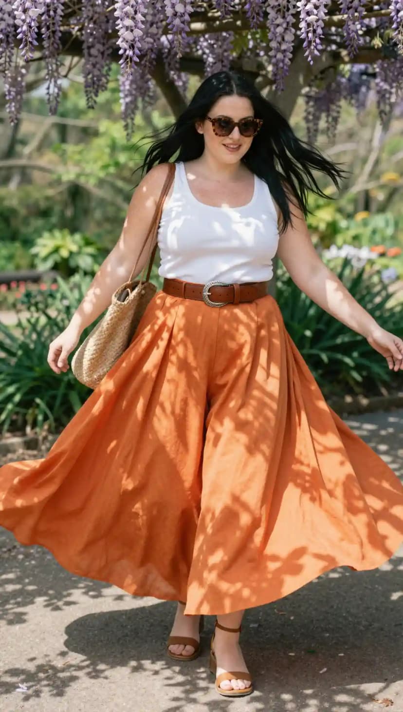 White Ribbed Tank Top + Orange Linen Wide-Leg Pants + Brown Leather Belt