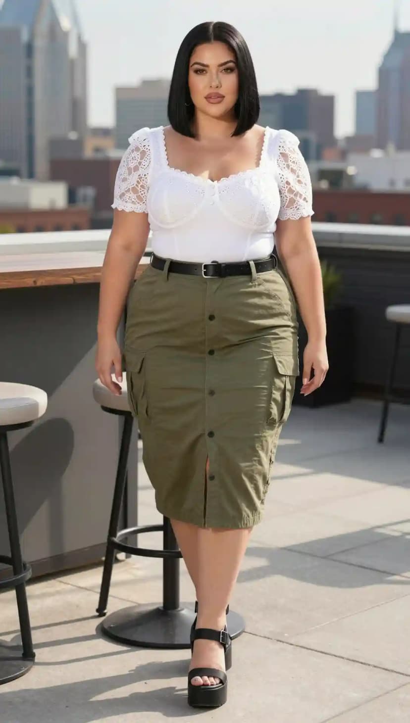 White Broderie Anglaise Bodysuit + Olive Cotton Cargo Midi Skirt + Black Leather Belt + Black Platform Sandals