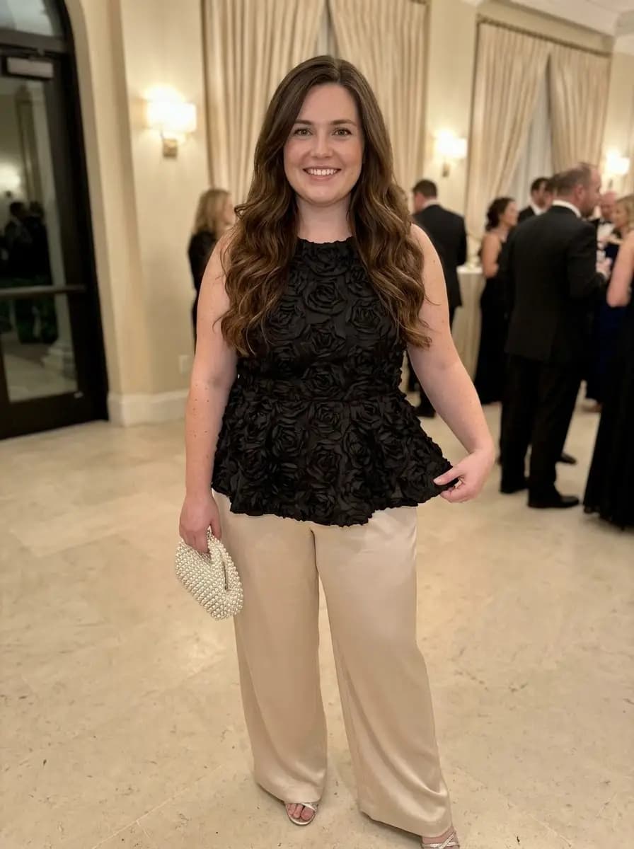 Black Rose Appliqué Peplum Top with Champagne Beige Satin Wide-Leg Pants