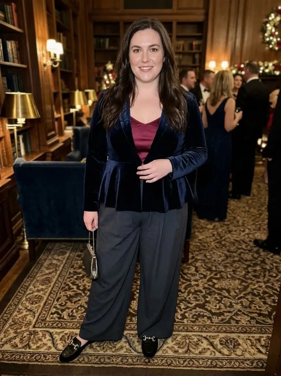 Navy Velvet Peplum Blazer with Burgundy Satin Camisole and Gray Wide-Leg Pants