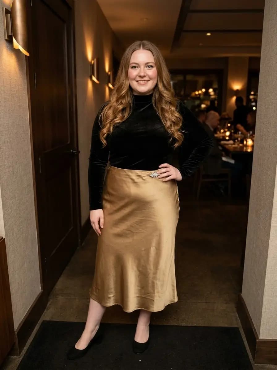 Black Velvet Mock-Neck Top with Champagne Gold Satin Midi Skirt