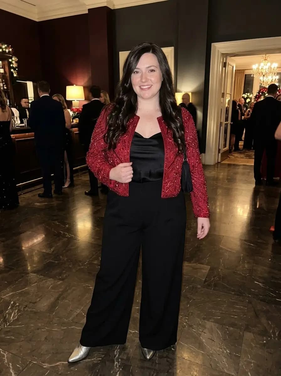 Cropped Ruby-Red Beaded Jacket with Black Satin Camisole and Wide-Leg Pants