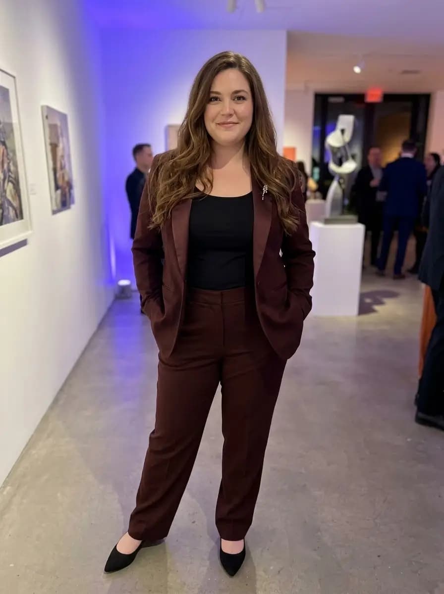 Deep Burgundy Pantsuit with Black Tank Top and Tailored Trousers