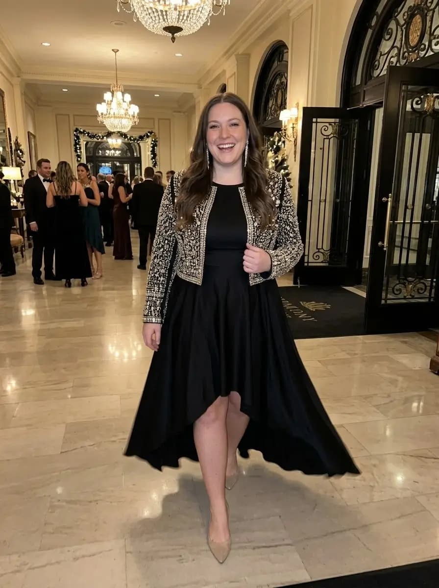 Black High-Low Dress with Cropped Gold-Beaded Jacket