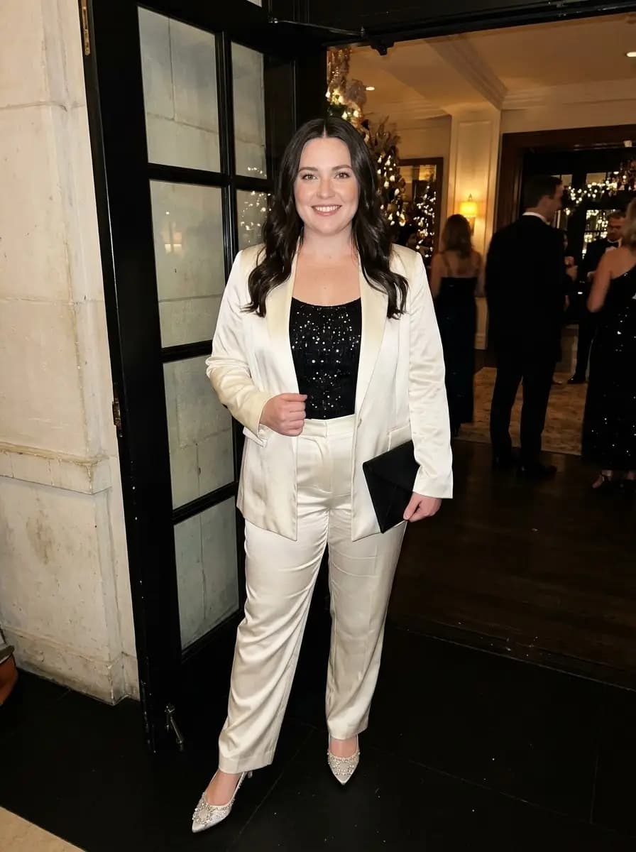 Luminous Ivory Satin Pantsuit with Black Sequin Camisole Top