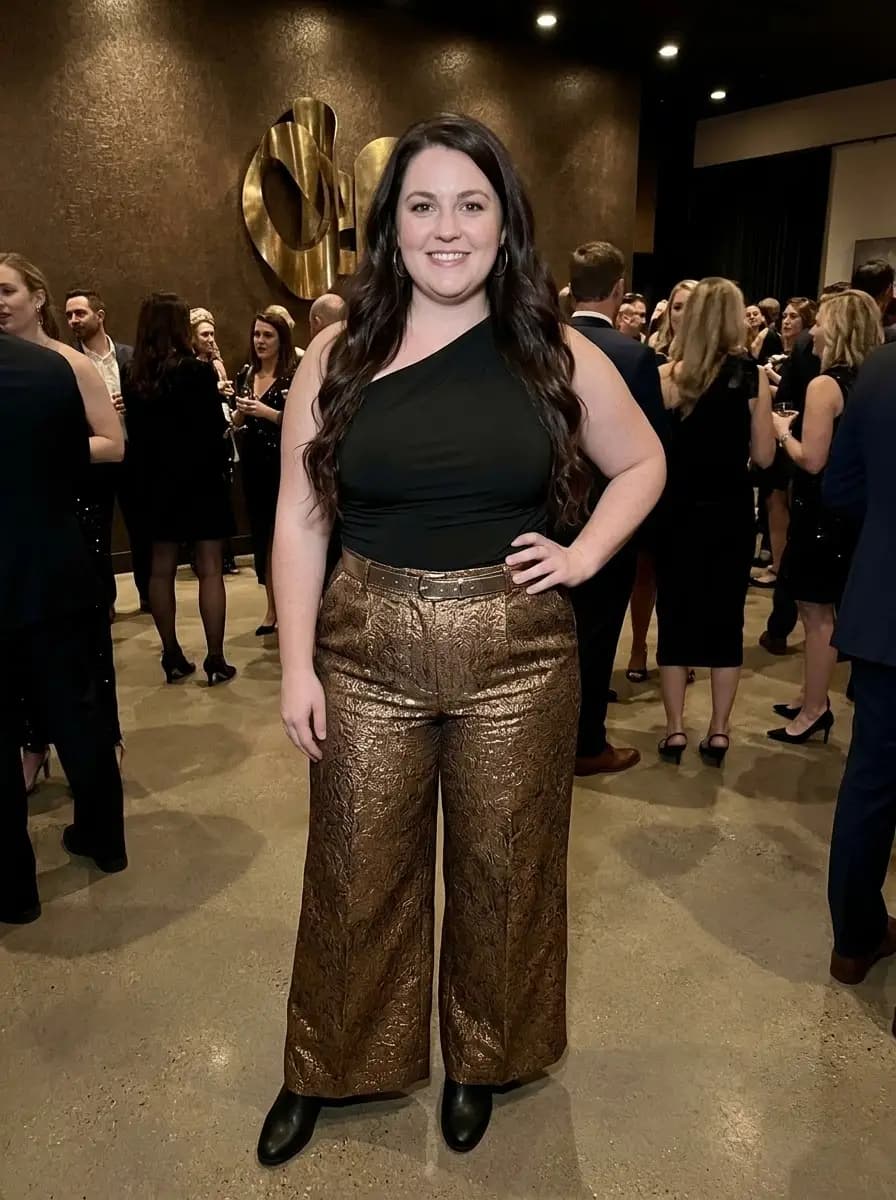 Bronze Brocade Wide-Leg Pants with Black One-Shoulder Top