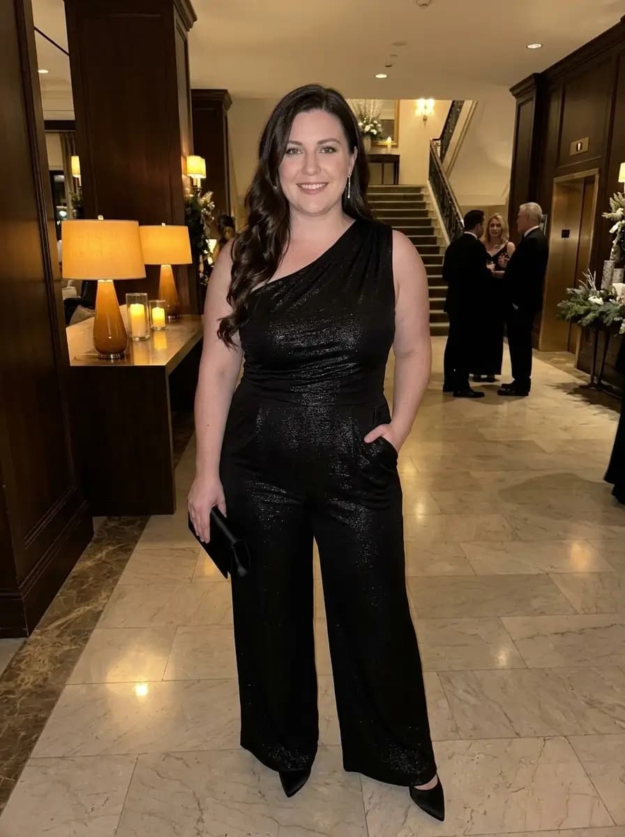 Black Metallic One-Shoulder Jumpsuit