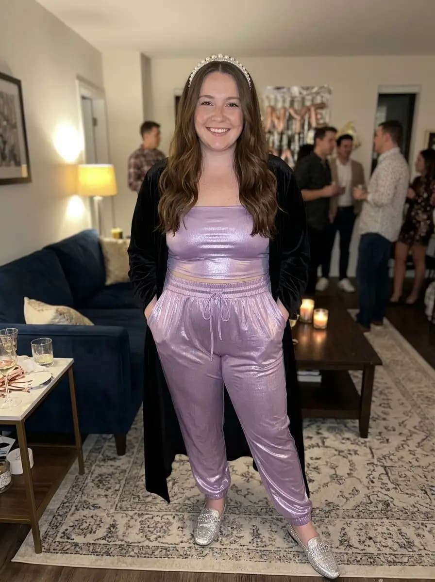 Lavender Metallic Set with Long Black Velvet Duster Coat