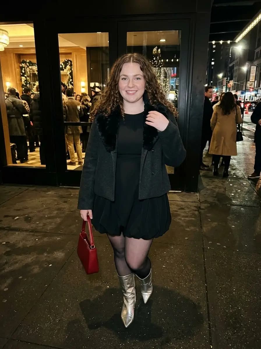 Black Bubble-Hem Mini Dress with Faux-Fur Collar Jacket and Silver Boots