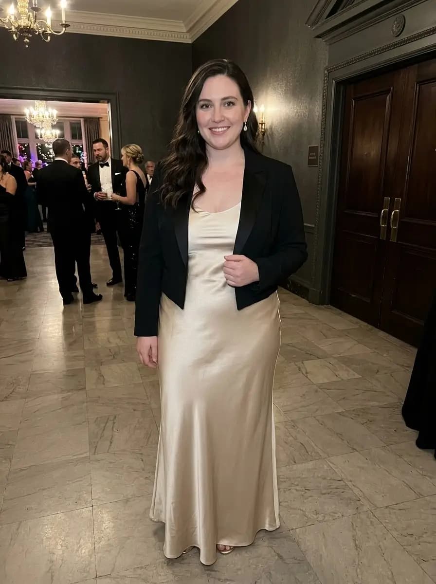 Champagne Satin Maxi Dress with Cropped Black Tailored Blazer
