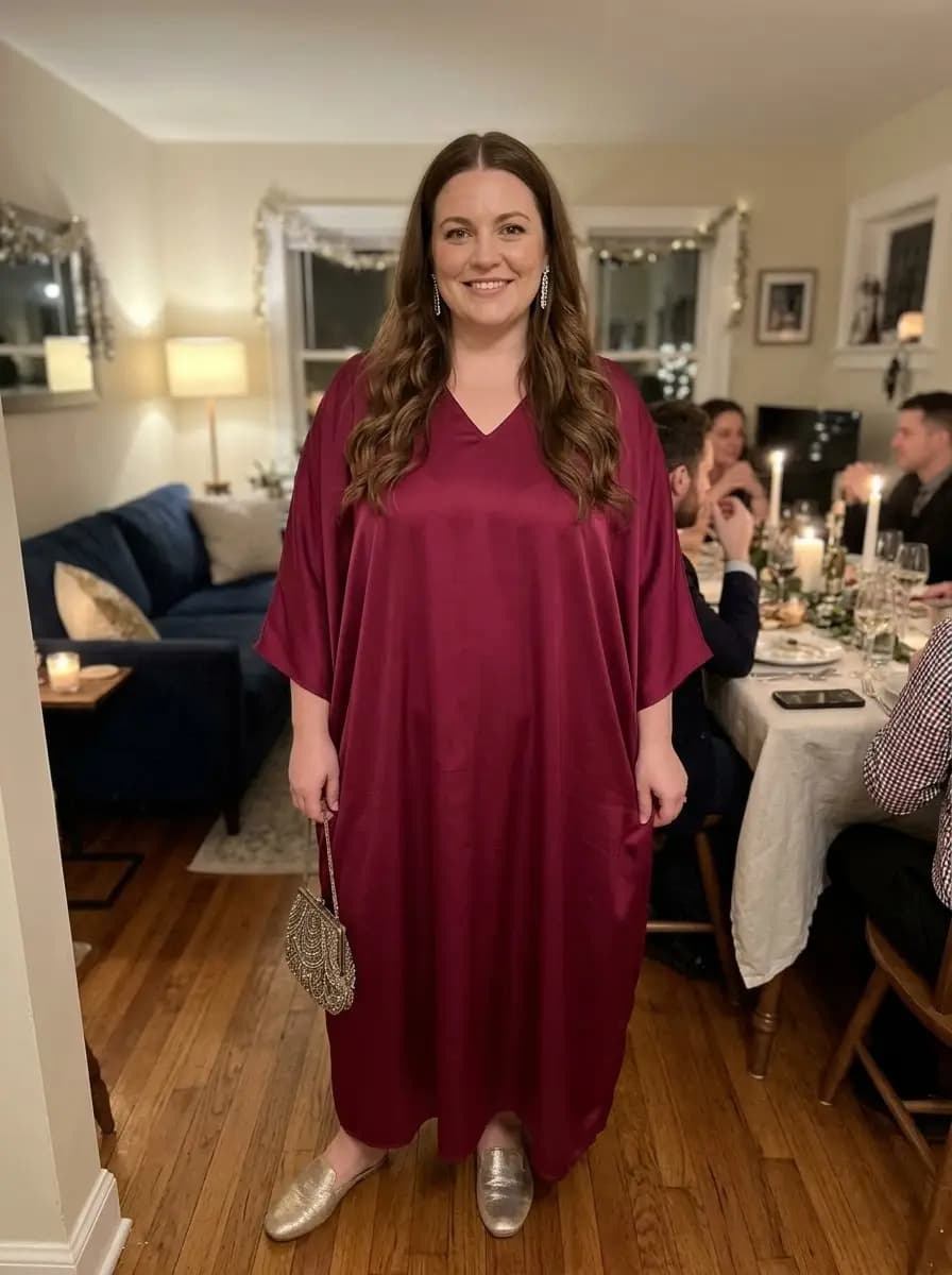 Flowing Burgundy Satin Maxi Kaftan Dress