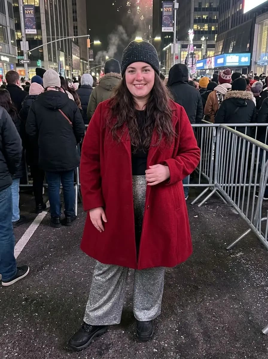 Bold Red Wool Coat with Sparkling Silver Wide-Leg Pants