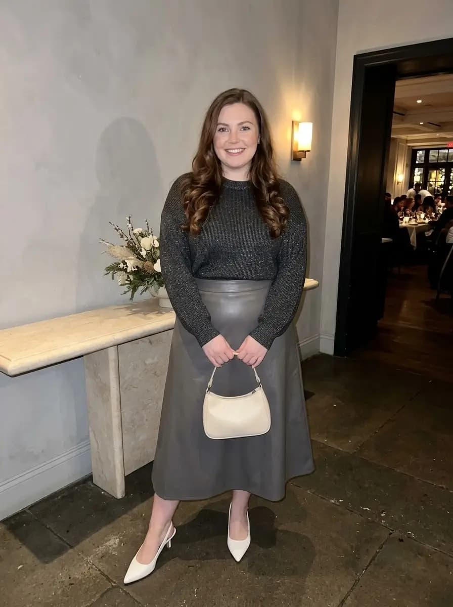 Charcoal Sparkle-Knit Sweater with Gray Faux-Leather Midi Skirt