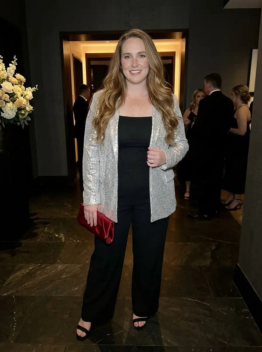 Silver Sequin Blazer with Black Camisole and Wide-Leg Pants