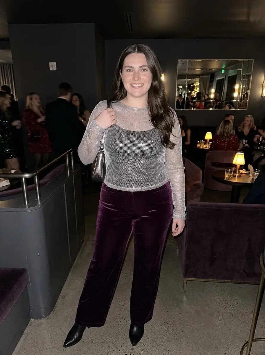 Silver Mesh Long-Sleeve Top with Plum Purple Velvet Trousers