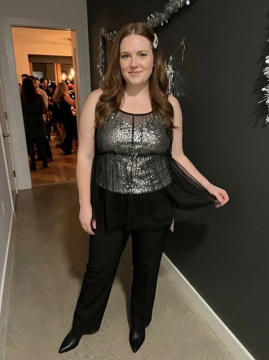 Silver Sequin Peplum Tunic Top with Black Wide-Leg Pants