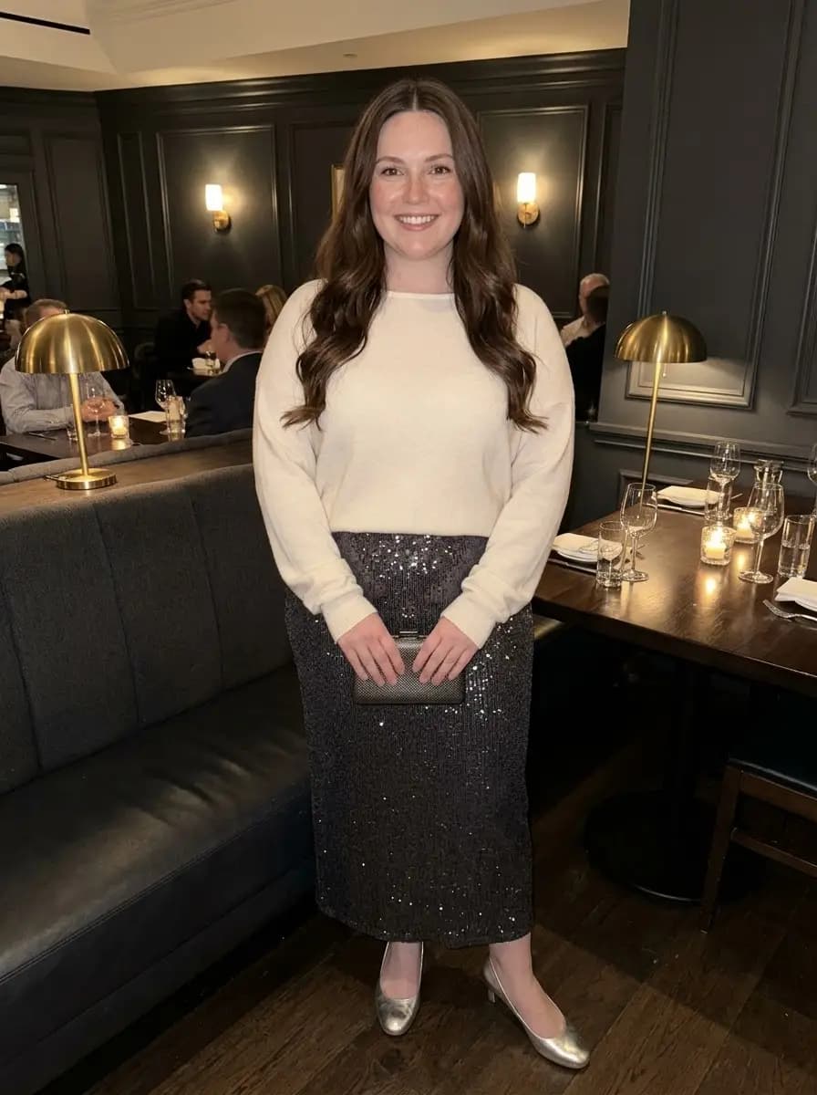 Cream Knit Sweater with Charcoal-Black Sequin Midi Skirt