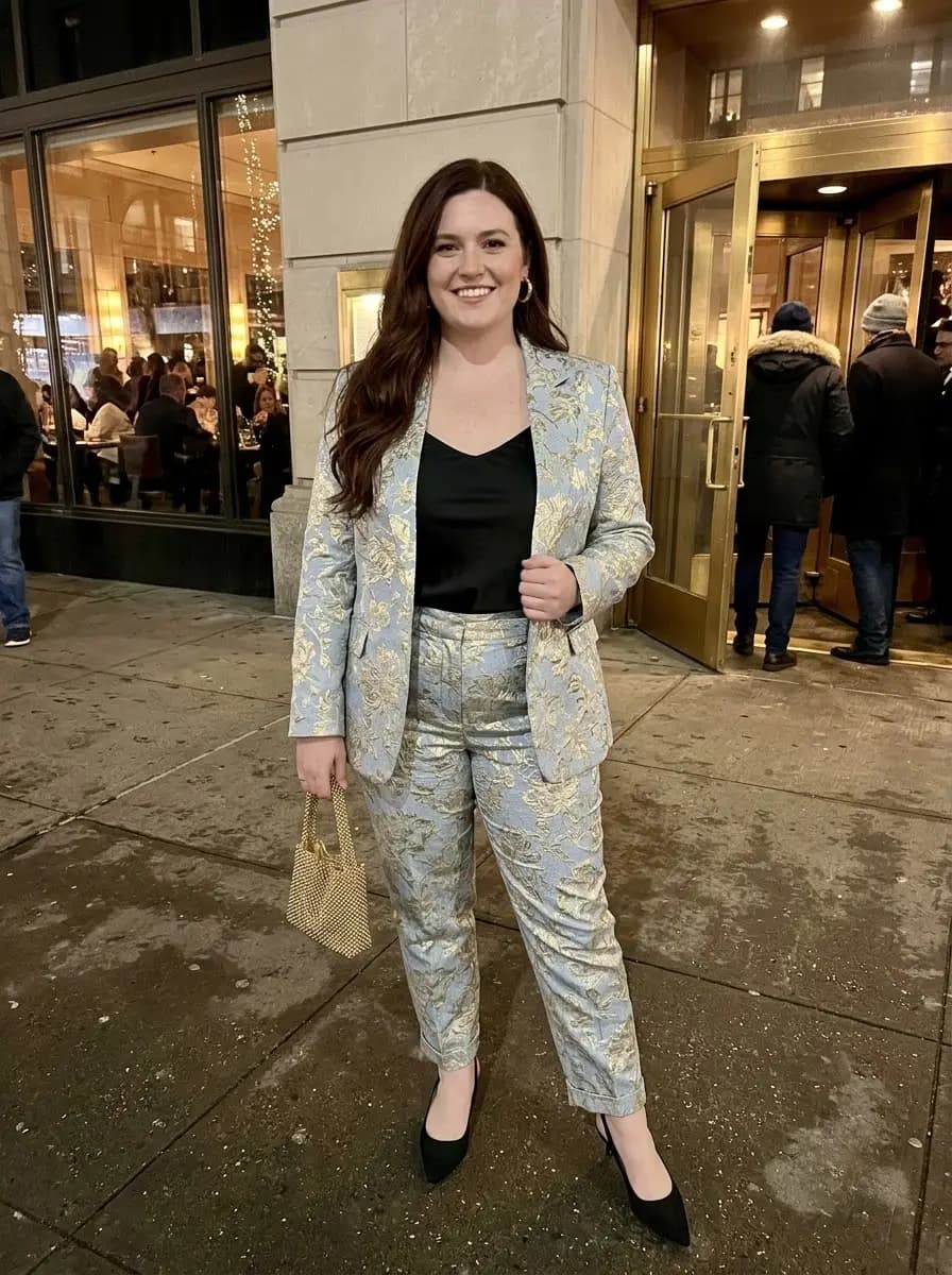 Pale Blue Floral Brocade Pantsuit with Black V-Neck Camisole