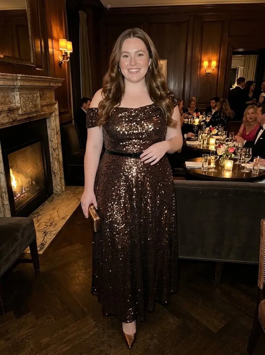 Chocolate Brown Sequin Off-the-Shoulder Maxi Dress
