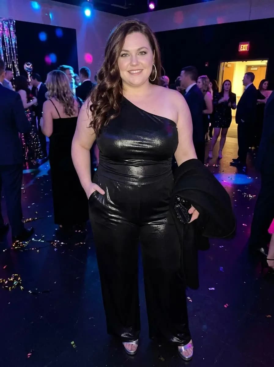 Sleek Black Metallic One-Shoulder Wide-Leg Jumpsuit